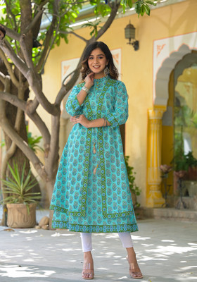 Yash Gallery Women Floral Print A-line Kurta(Light Blue)