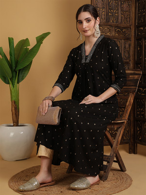 Gulmohar Jaipur Women Solid Flared Kurta(Black)