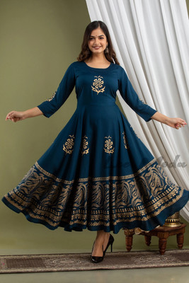 Lee Moda Women Floral Print Anarkali Kurta(Blue)