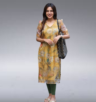 Vraj Enteprise Women Floral Print Straight Kurta(Yellow)