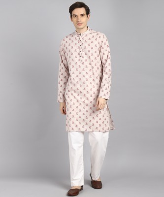 Freehand Men Floral Print Straight Kurta(Beige)