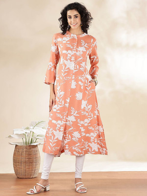ANOUK Women Floral Print A-line Kurta(Orange)