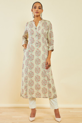 soch Women Floral Print Straight Kurta(Beige)