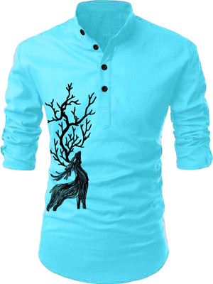 hfm Men Animal Print Straight Kurta(Blue)