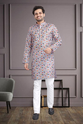 MENTIFIC Men Printed Straight Kurta(Grey)