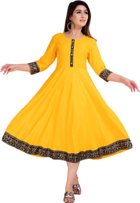 GULJAR FASHION Women Printed A-line Kurta(Yellow)