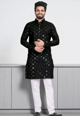 Biswas Trends Men Embroidered Straight Kurta(Black)