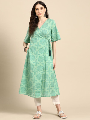 ANOUK Women Geometric Print A-line Kurta(Green)
