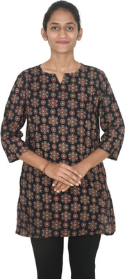 Vyuti Weaves Women Printed A-line Kurta(Black, Brown)