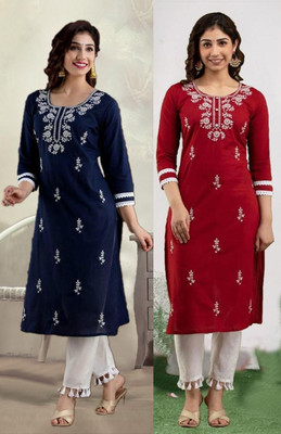 vikshi Women Chikan Embroidery A-line Kurta(Multicolor)