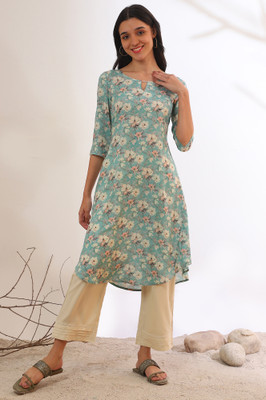 Aurelia Women Floral Print A-line Kurta(Green)