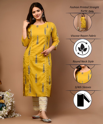 Rimeline Fashion Women Floral Print Straight Kurta(Yellow)