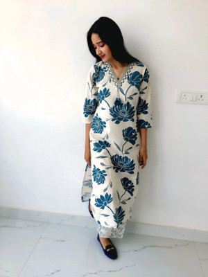 avisafashion Women Block Print Straight Kurta(White, Blue)