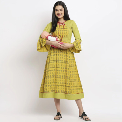 TRUE SHAPE Women Printed Flared Kurta(Light Green)