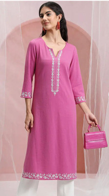 Emica Women Embroidered Straight Kurta(Pink)