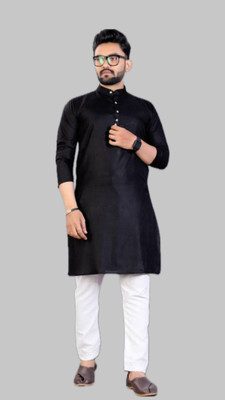 HouseOfCommon Men Solid A-line Kurta(Black)