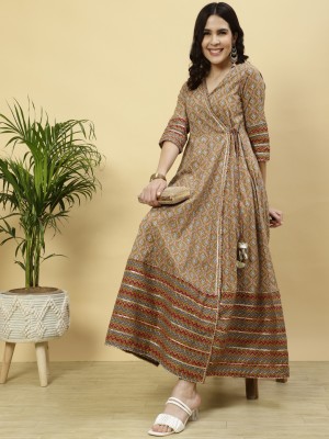 Jaipur Kurti Women Printed Flared Kurta(Beige)