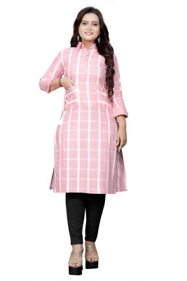 Riva Women Checkered Straight Kurta(Pink, White)