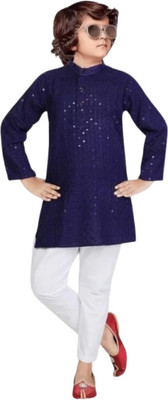 WELCOME STYLE Boys Embroidered A-line Kurta(Dark Blue)