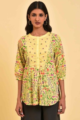 W Women Floral Print A-line Kurta(Yellow)