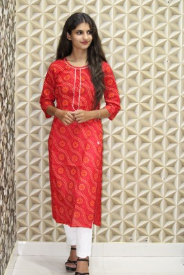 RSDESIGNINN Women Bandhani Straight Kurta(Red)