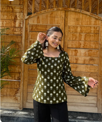 hibiki Casual Floral Print Women Green Top