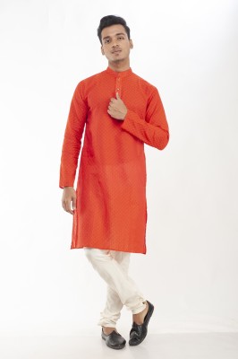 Bala garments house Men Printed Straight Kurta(Red, Orange)