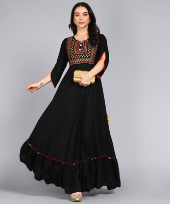 jaipurite Women Embroidered Gown Kurta(Black)