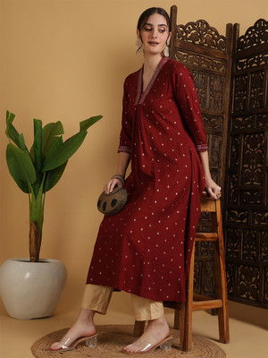 Gulmohar Jaipur Women Solid Flared Kurta(Maroon)