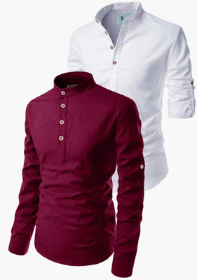 HOC's Men Solid Straight Kurta(White, Maroon)
