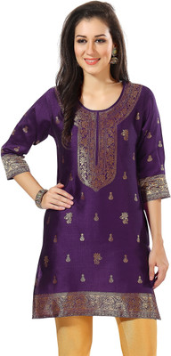 Divastri Women Woven Design Straight Kurta(Gold, Purple)