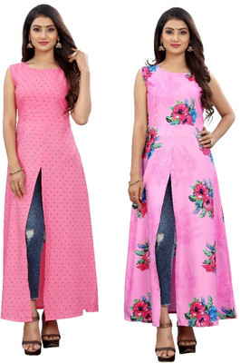 Hiral Creation Women Floral Print Frontslit Kurta(Pink)