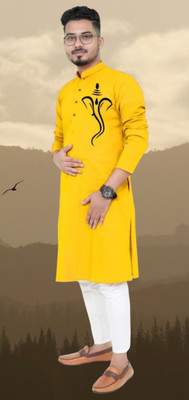 Mamta fab Men Printed Straight Kurta(Yellow)