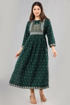 HouseOfComman Women Printed Ethnic Dress Kurta(Green)