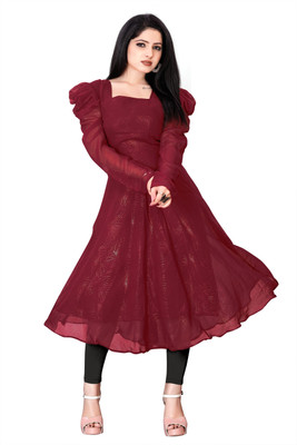 bindudi Women Block Print Anarkali Kurta(Maroon)