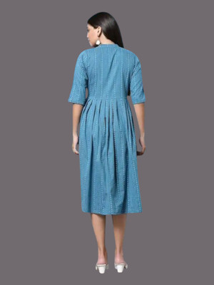 Houseofcommonv Women Printed Flared Kurta(Blue)