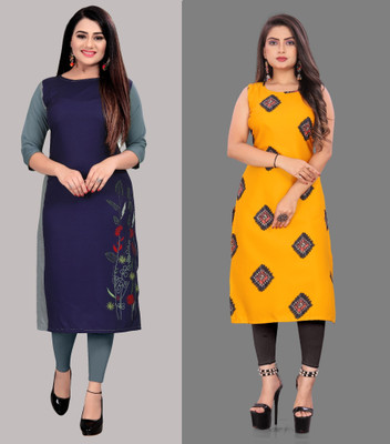tanvi creation Women Printed Straight Kurta(Grey, Yellow)