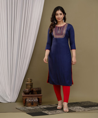 BHAGLI Women Embroidered Straight Kurta(Dark Blue)