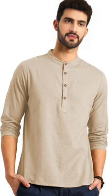 Navkanj Men Solid Asymmetric Kurta(Beige)