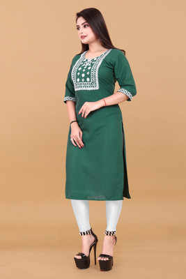 WOMENSILK Women Embroidered A-line Kurta(Green)