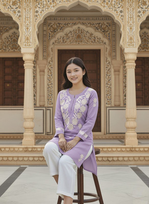 ChikanKari By Klothes Hub Women Embroidered, Chikan Embroidery Straight Kurta(Purple)