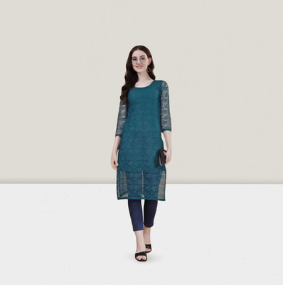HOC's Women Self Design Straight Kurta(Blue)