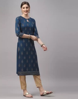 Demirner Women Printed A-line Kurta(Dark Blue, Beige)