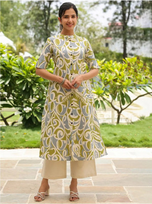 jatin fashion Women Printed A-line Kurta(Green, Grey)