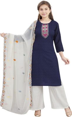 Aarika Girls Embroidered Straight Kurta(Dark Blue)