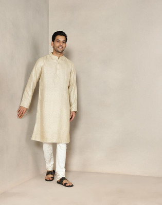 Fabindia Men Printed Straight Kurta(Beige)