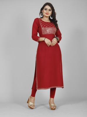 kuvad Women Embroidered Straight Kurta(Maroon)