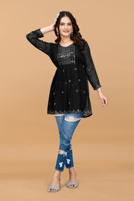 KRULRIN Women Embroidered A-line Kurta(Black)