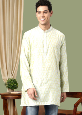 Tattva Men Chikan Embroidery Straight Kurta(Light Green)