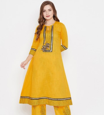 Natty India Women Self Design Flared Kurta(Yellow, Black)